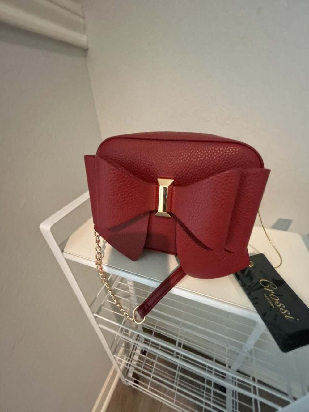 Crossi New York Red Vegan Leather Bow Crossbody Bag with Gold Chain Strap